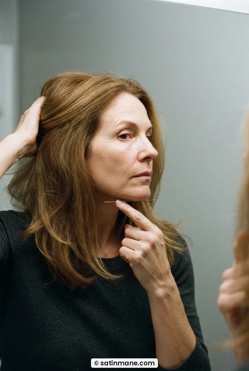 Woman tracing a horizontal line at chin level with one finger demonstrating hair length-line decision at the mirror