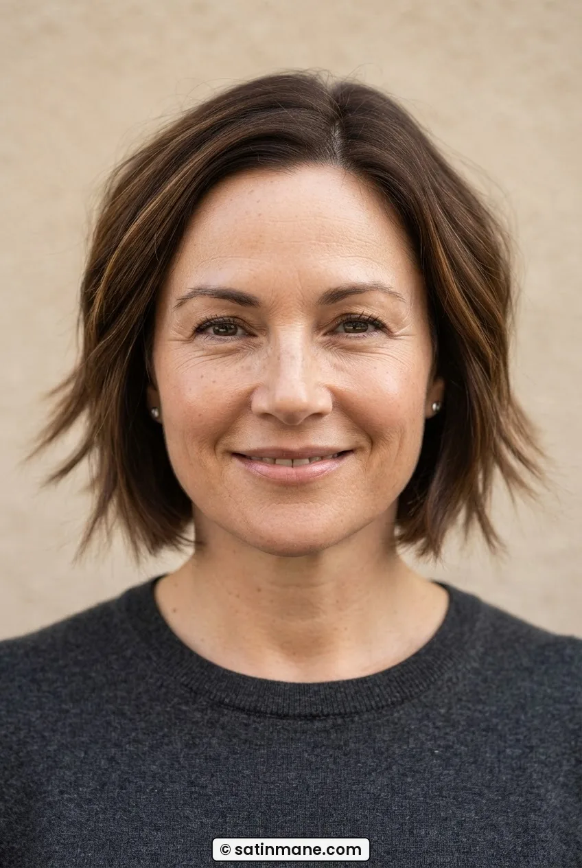Woman with round face in a chin-length bob with razor-cut feathery textured ends creating an open hemline