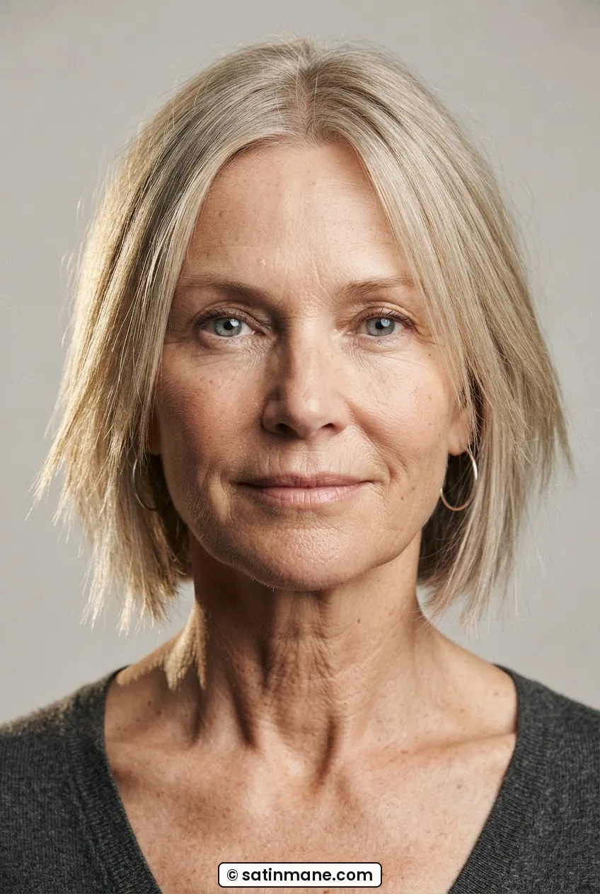 Woman with fine straight hair in a choppy bob with point-cut ends and face-framing pieces at jaw length