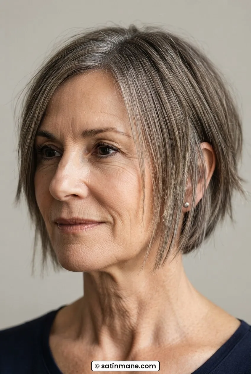 Woman with fine straight hair in a choppy piecy chin-length bob with sliced separated ends