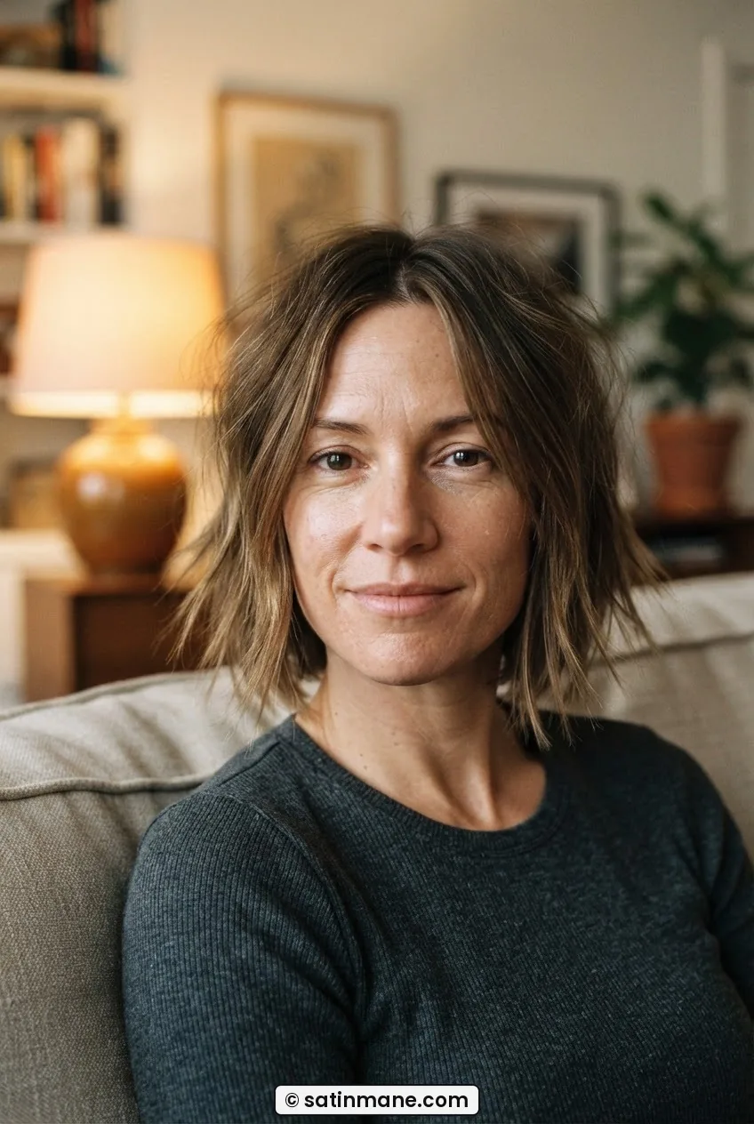Woman with choppy textured jaw-length bob featuring disconnected sliced ends with visible movement and texture