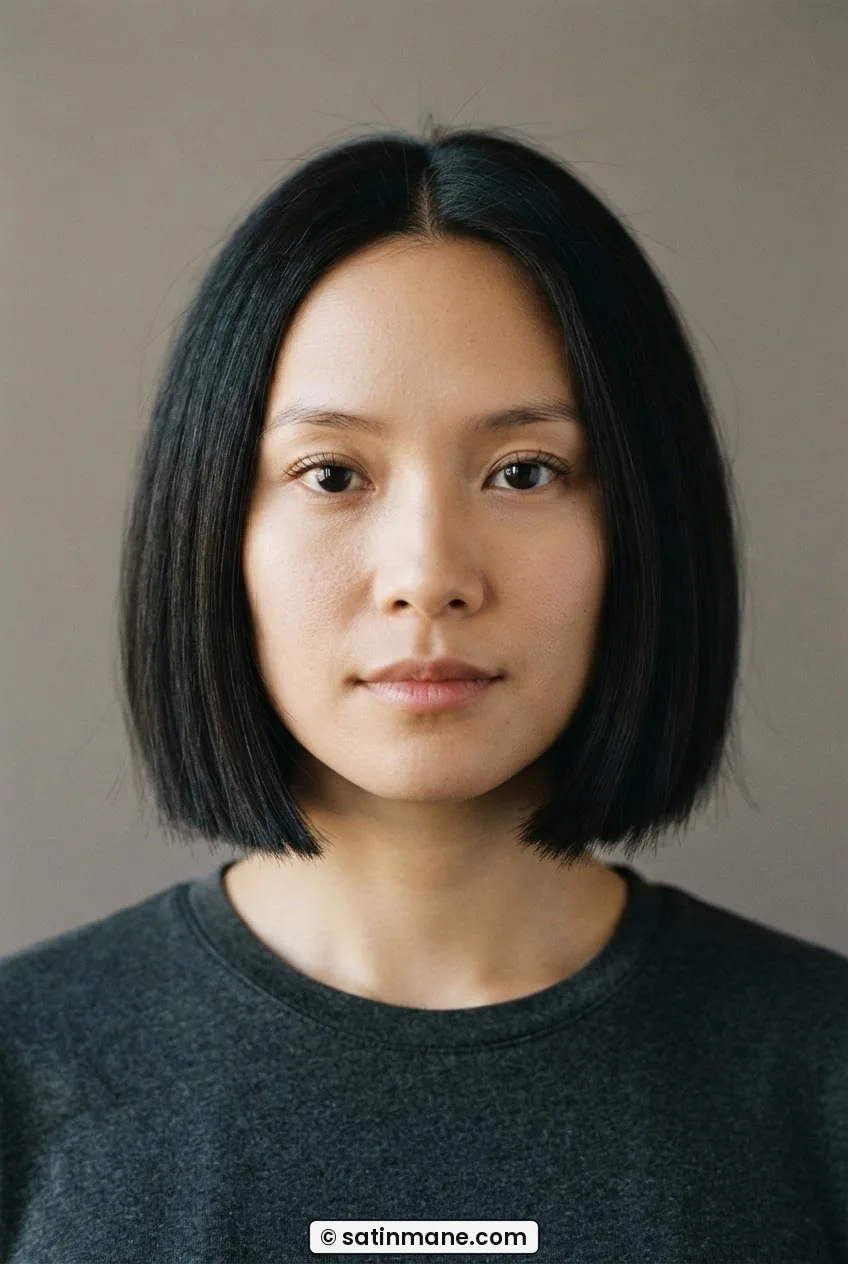 Front view of a woman with a classic chin-length blunt bob showing a clean horizontal weight line at the chin