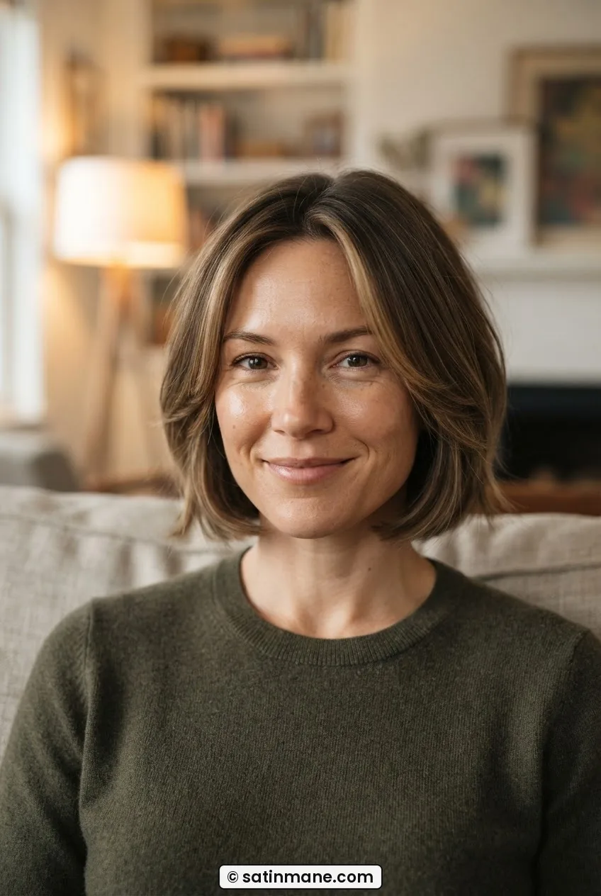 Woman with classic chin-length layered bob showing soft C-curved ends and cheekbone-level layering