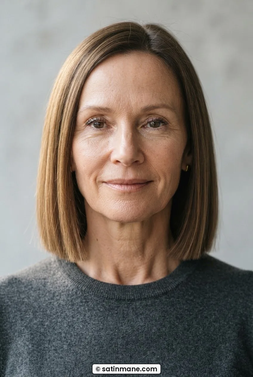 Woman with fine straight hair in a blunt collarbone bob photographed straight-on showing solid weight line