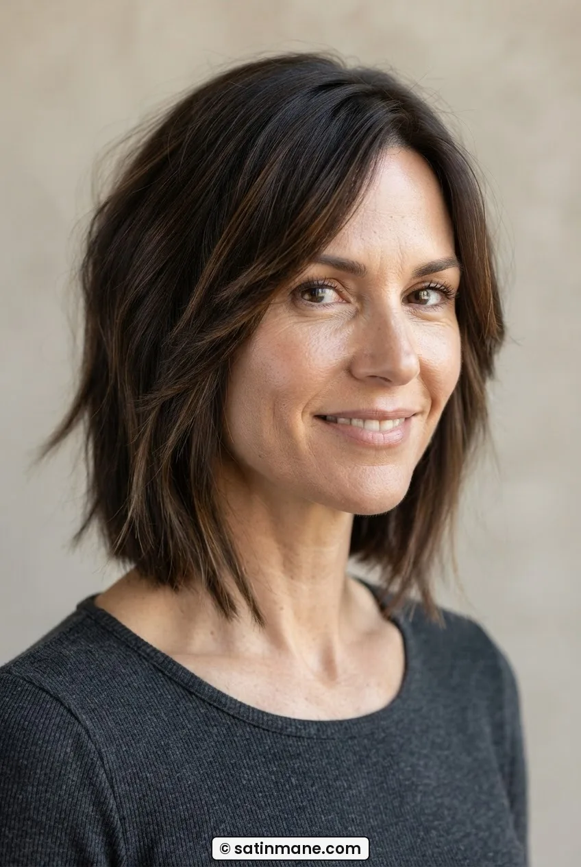 Woman with square face wearing a collarbone-length cut with face-framing layers falling past the jaw corner