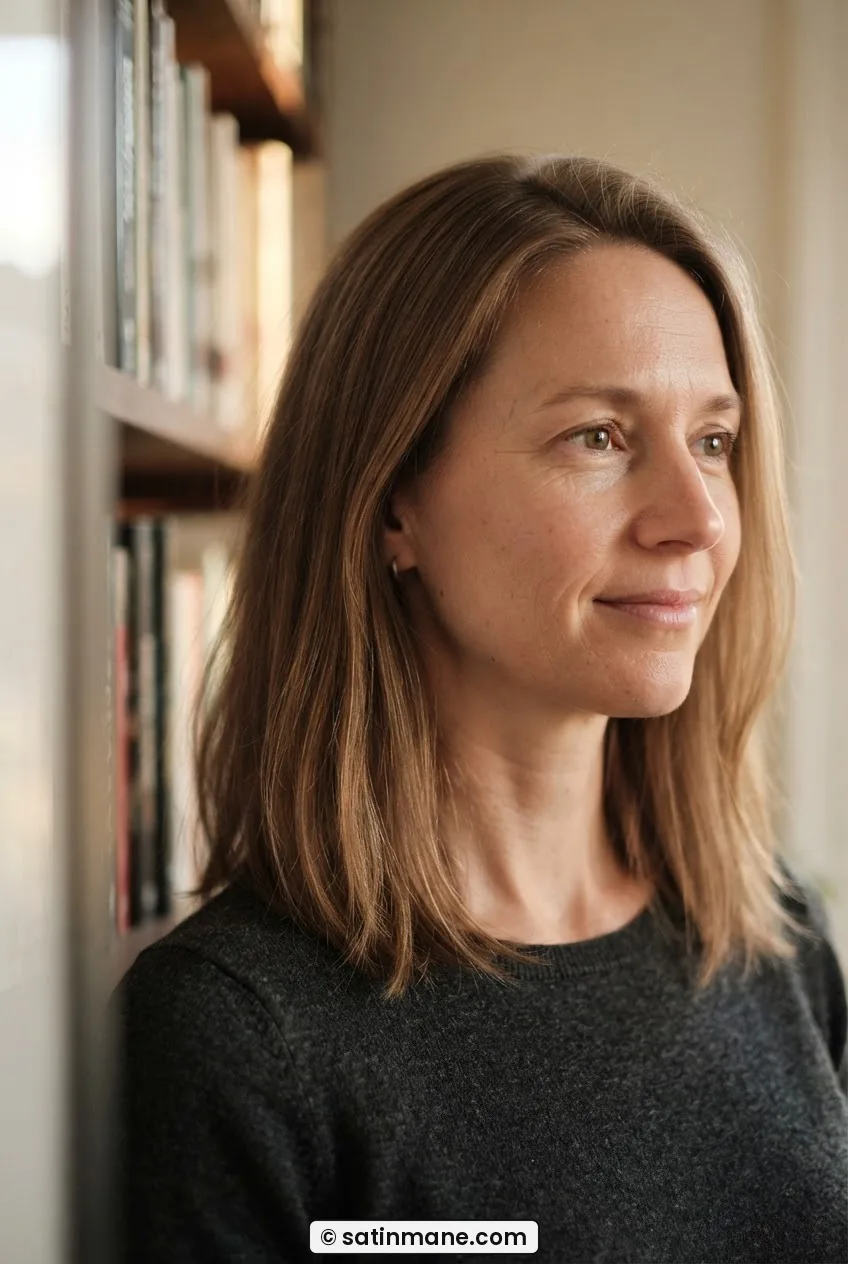 Woman with collarbone-length hair at month six, weight sitting cleanly at the collarbone in warm afternoon study light