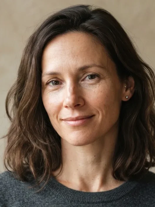 Woman with collarbone-length hair relaxed and unstyled against oat backdrop in ordinary daylight