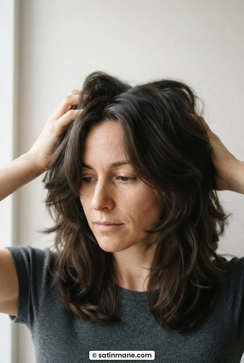 Woman with collarbone-length cut and face-framing layers showing thick hair sitting full and flat