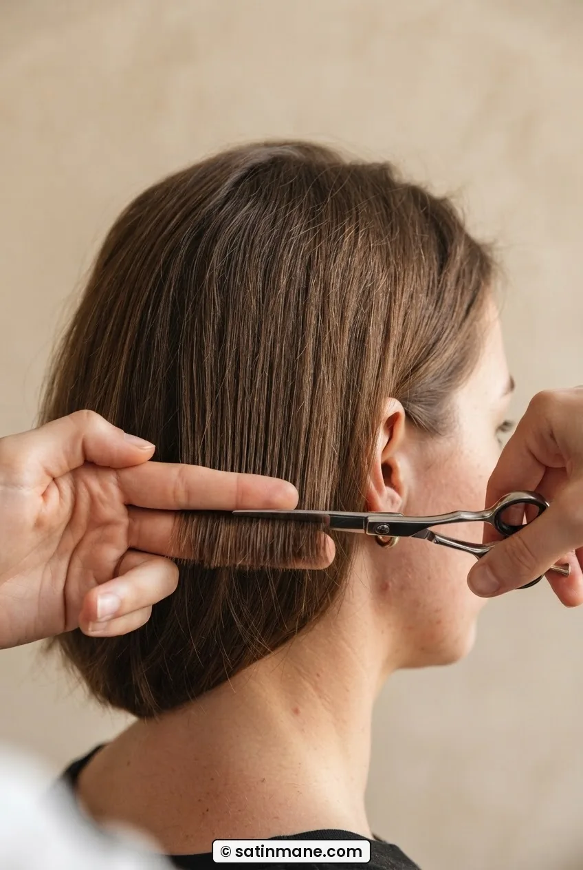 Smooth cutting scissors held horizontally at collarbone level cutting a blunt guide section in mid-length hair