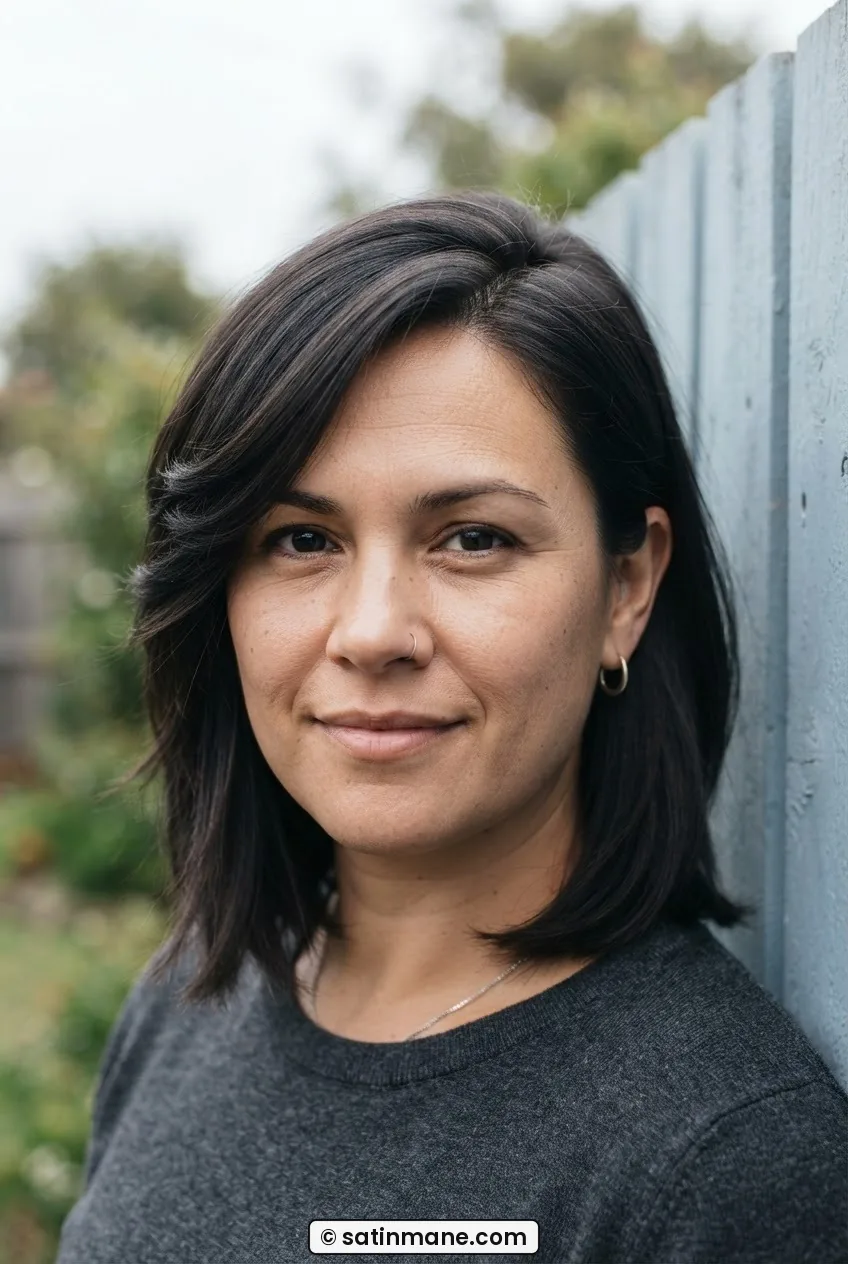 Woman with rounder face wearing collarbone-length lob with side-swept layers, one side tucked behind ear