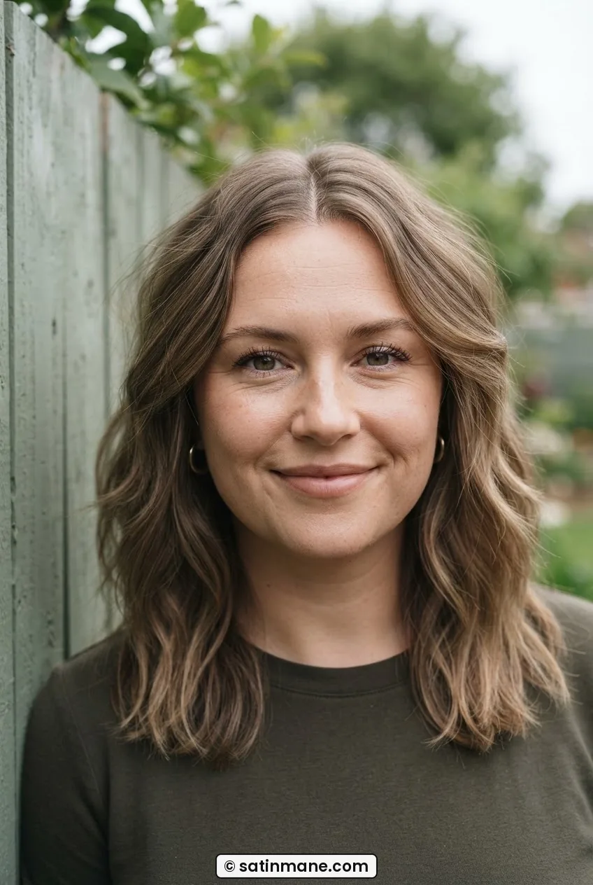 Woman with rounder face wearing collarbone-length layered lob with soft waves, framed against a painted timber fence