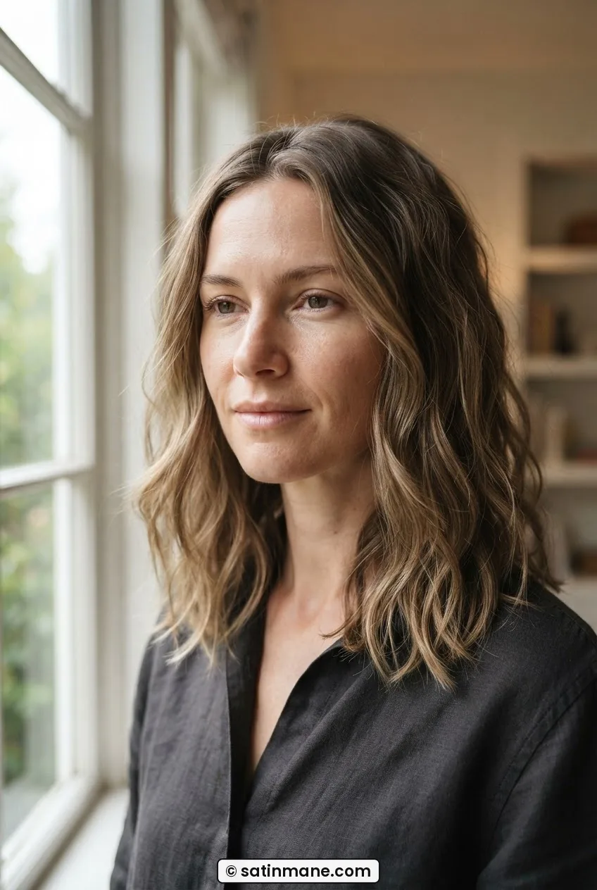 Woman with collarbone-length fine wavy hair showing a loose bend and soft mid-shaft layers catching side window light