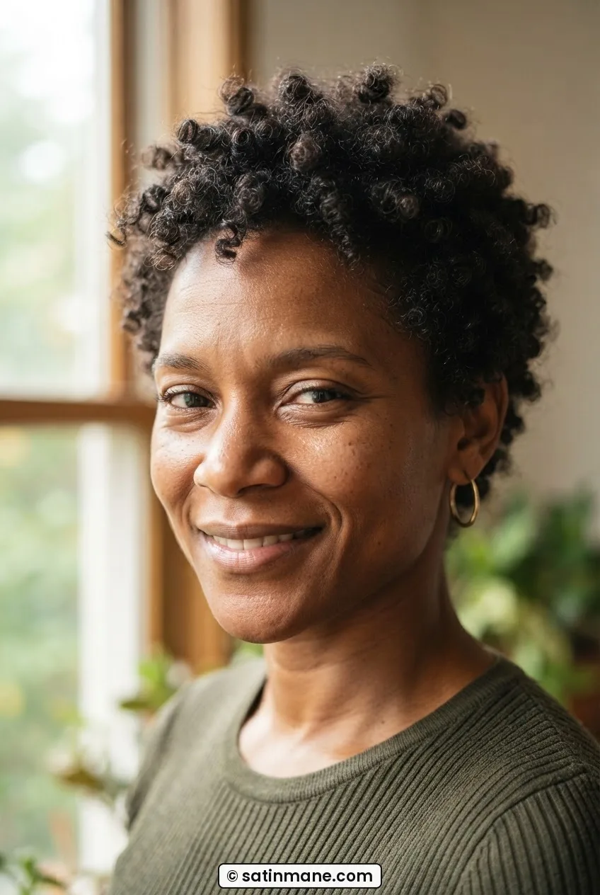 Woman with tightly curly frizzy hair in a very short cropped curl style, humid window light