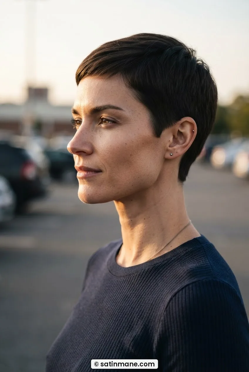 Woman with square jaw wearing a cropped pixie cut with clean architectural edge photographed at three-quarter angle