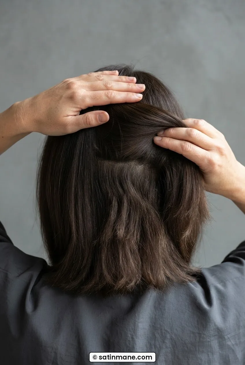 Hands pressing flat against the intact crown section of thick hair demonstrating the area that must never be cut into