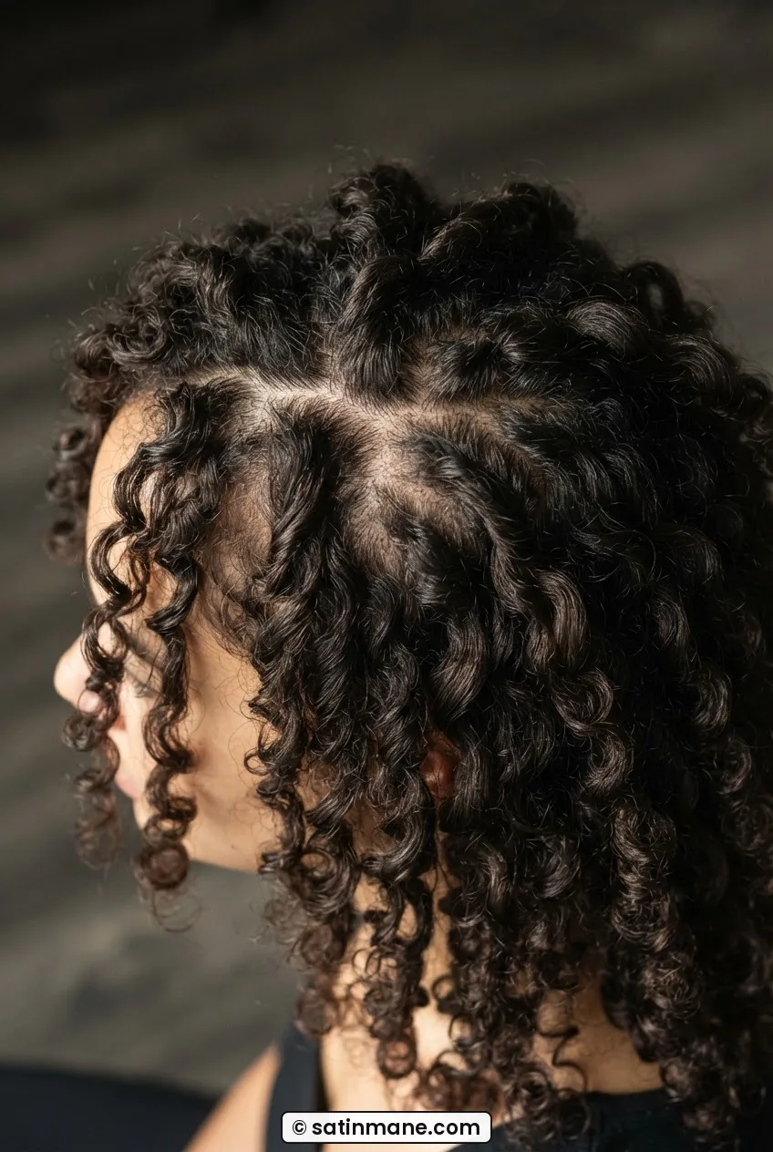 Overhead angled view of crown area showing long curl clumps radiating outward in multiple directions from the central point