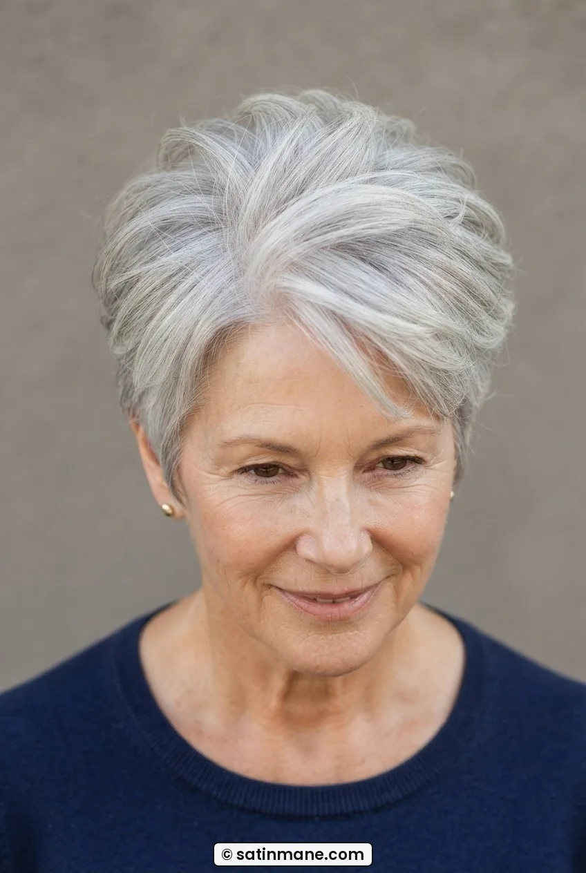 62-year-old woman with fine silver hair styled with short crown layers creating visible volume and lift at the top of the head