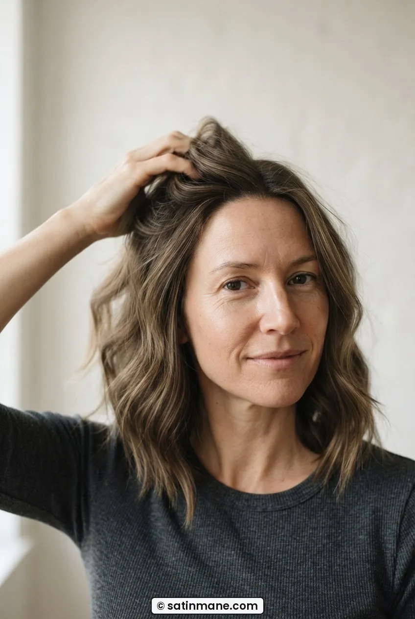 Woman applying product to crown of hair mid-motion, hand visible at top of head away from face