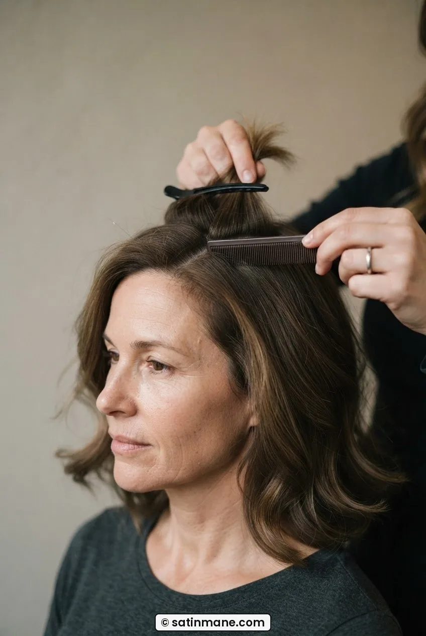 Stylist sectioning the crown of a 51-year-old woman's hair with a tail comb, top section clipped separately