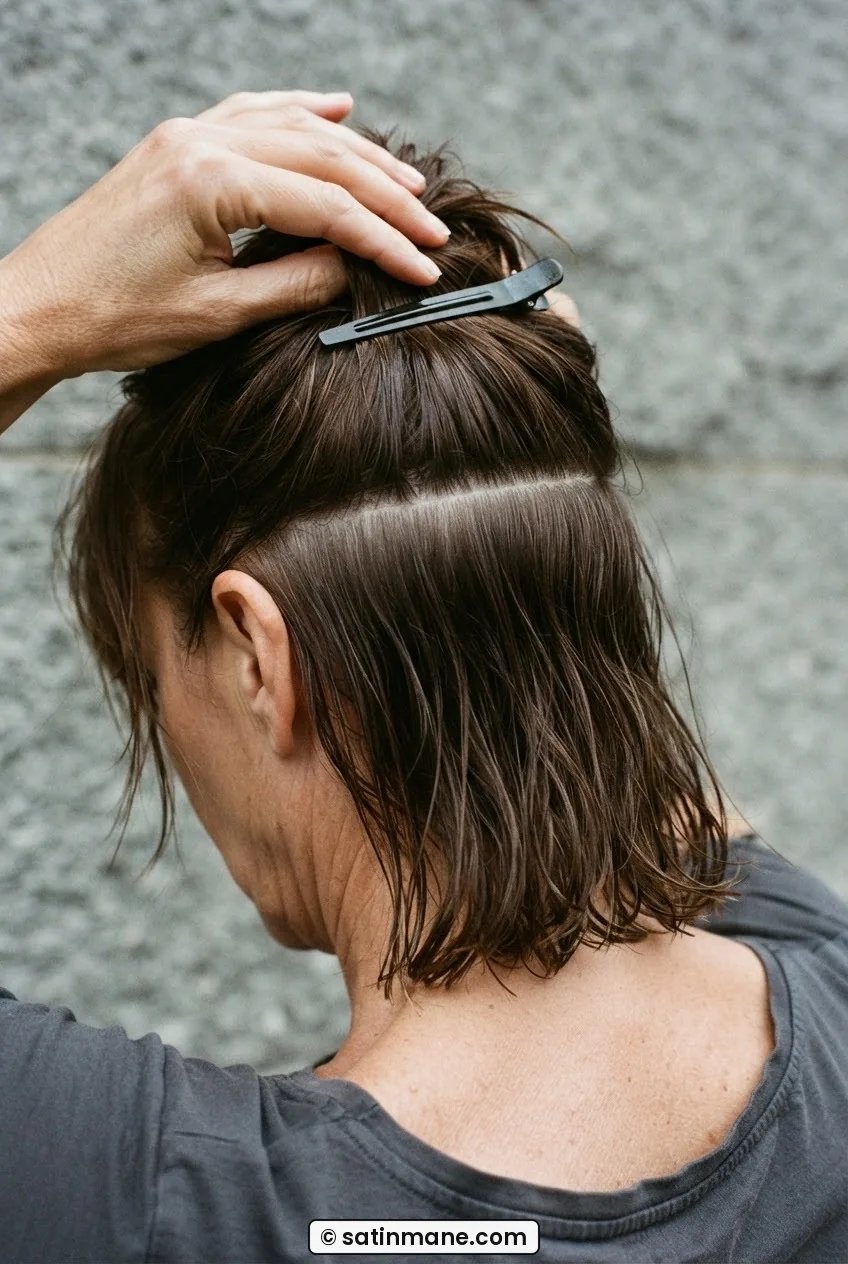 Horizontal crown parting on damp layered mid-length hair with sectioning clip placed ear to ear