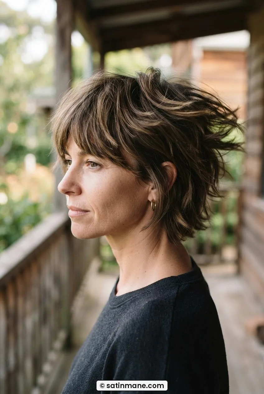 Woman with 2019-style shag showing heavy crown volume short top layers and curtain fringe mid-turn