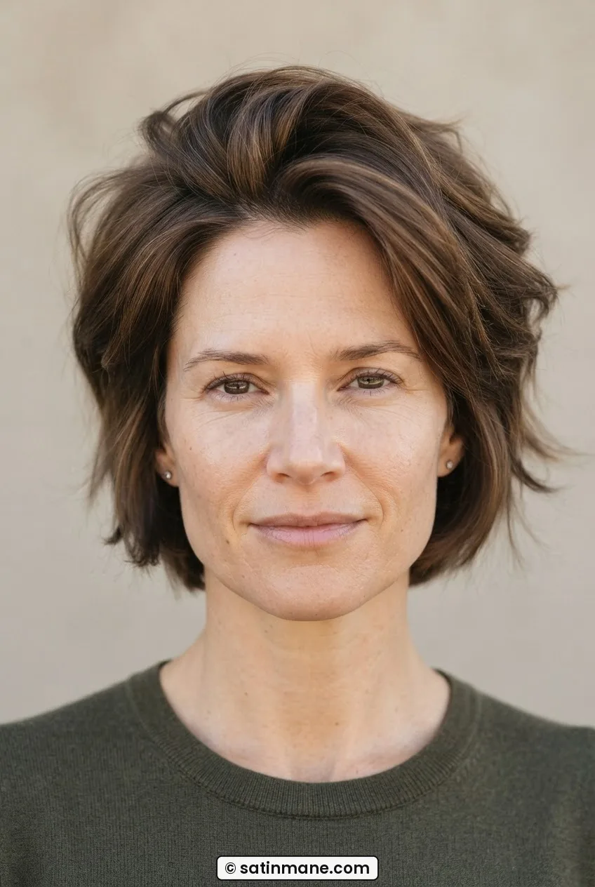Woman with square jaw showing a layered cut with volume placed at the crown above the jaw