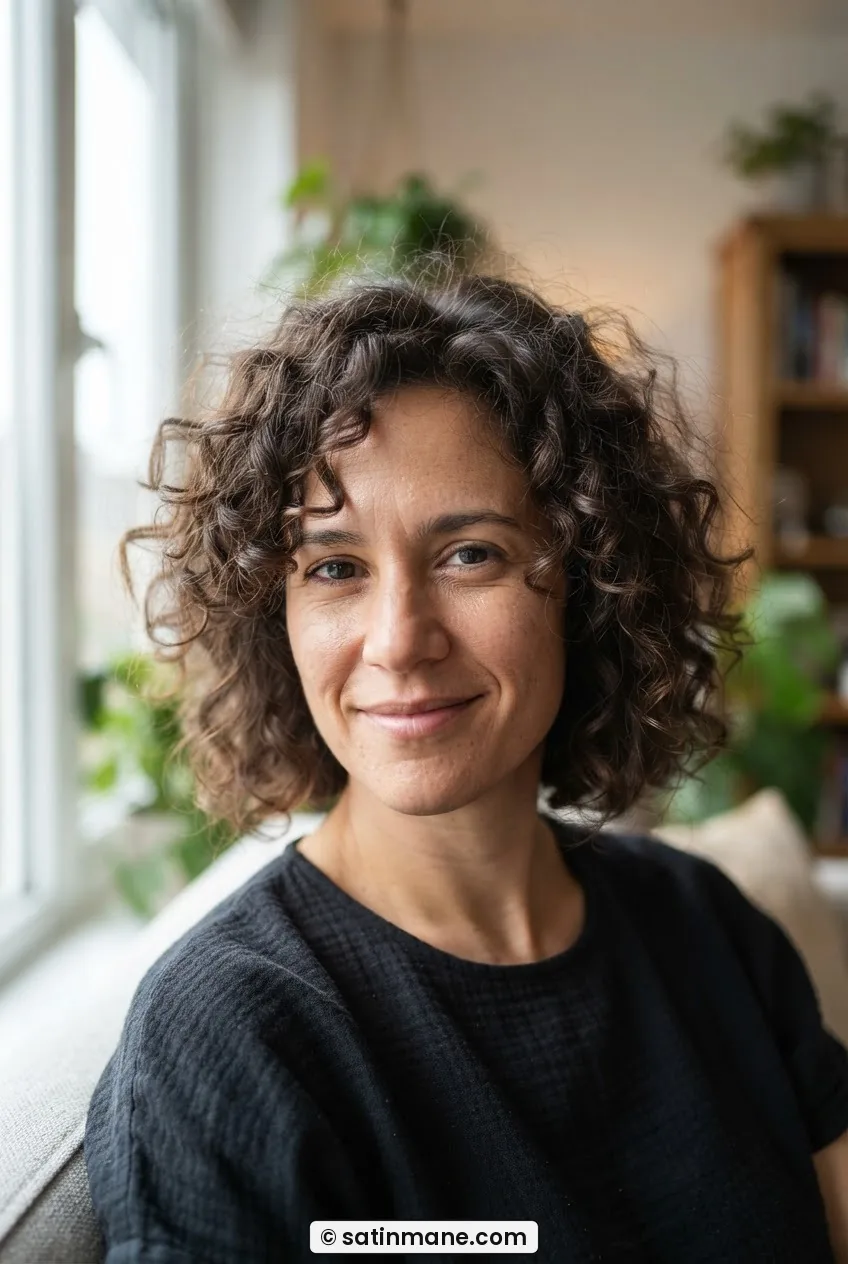 Woman with curly frizzy hair in a curly bob shaped to suit her natural curl pattern