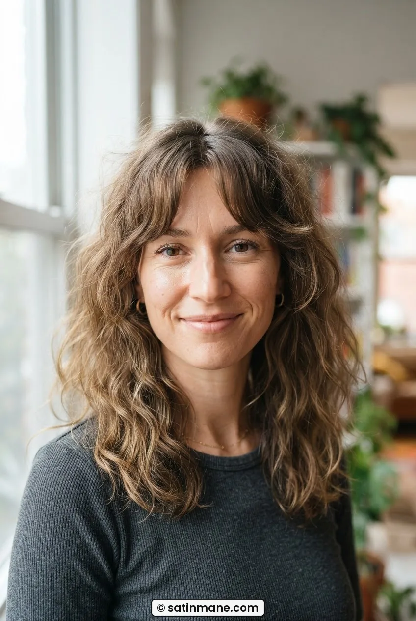 Woman with frizzy wavy hair in a lob with curtain bangs parted at the centre, bright window light