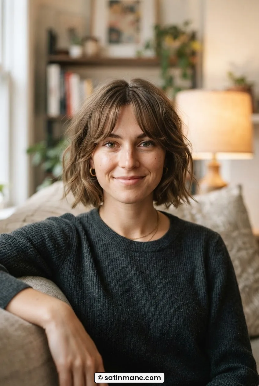 Woman with messy chin-length bob and curtain bangs swept outward blending into face-framing layers