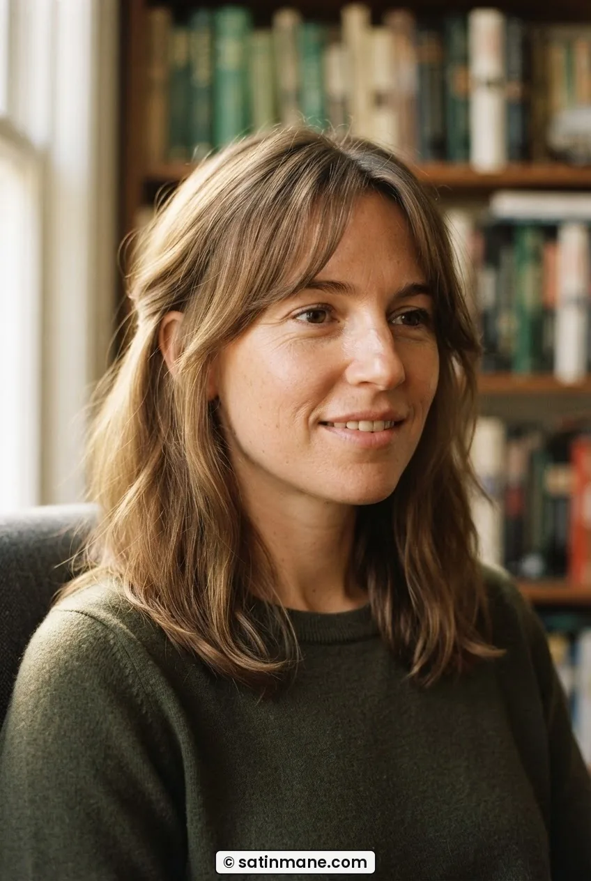 Woman with curtain bangs and midi-length hair at month five, one bang tucked behind the ear, warm afternoon study light