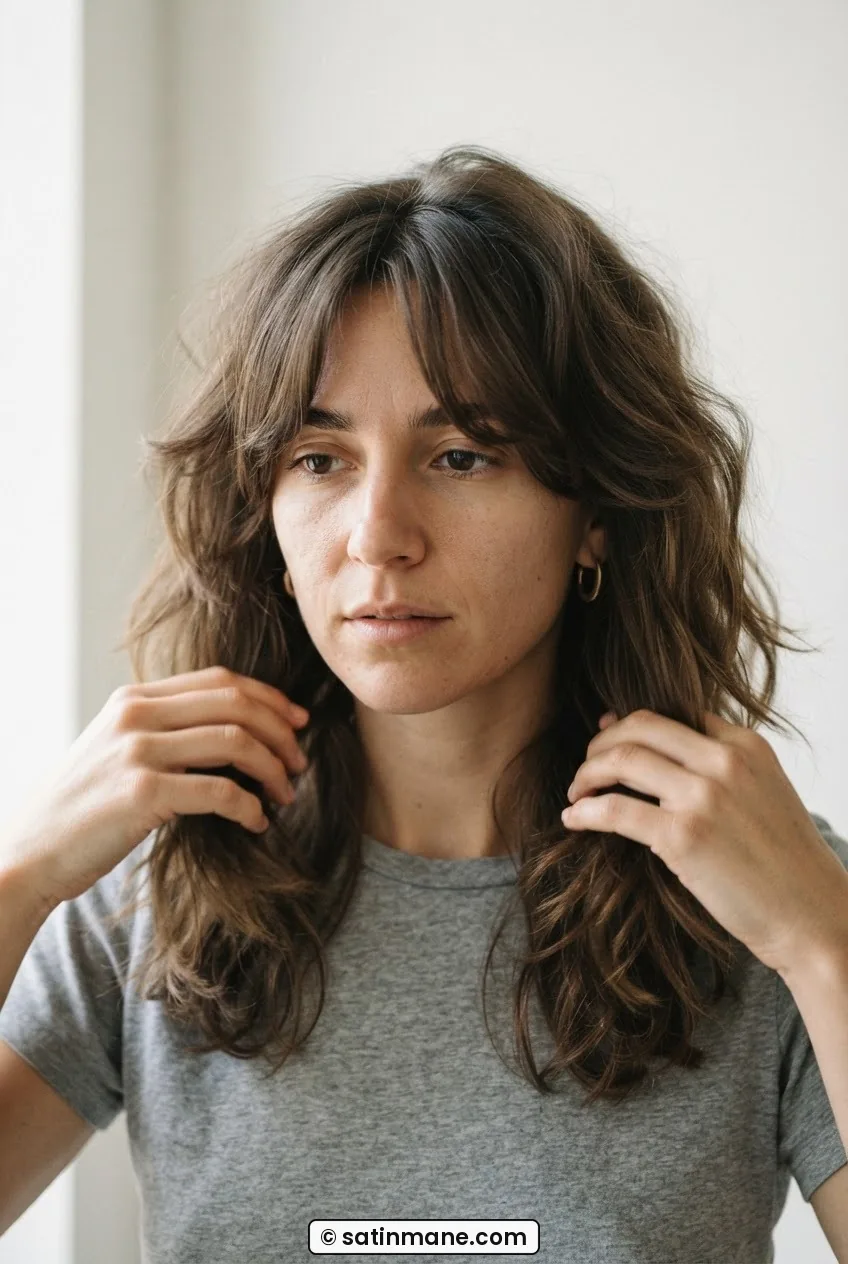 Woman with curtain bangs parting naturally at center blending into face-framing layers, air-dried