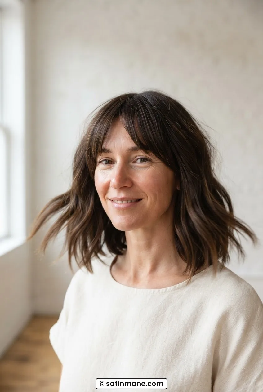 Woman with oval face shaking curtain-bang lob into final shape showing balanced oval-flattering silhouette