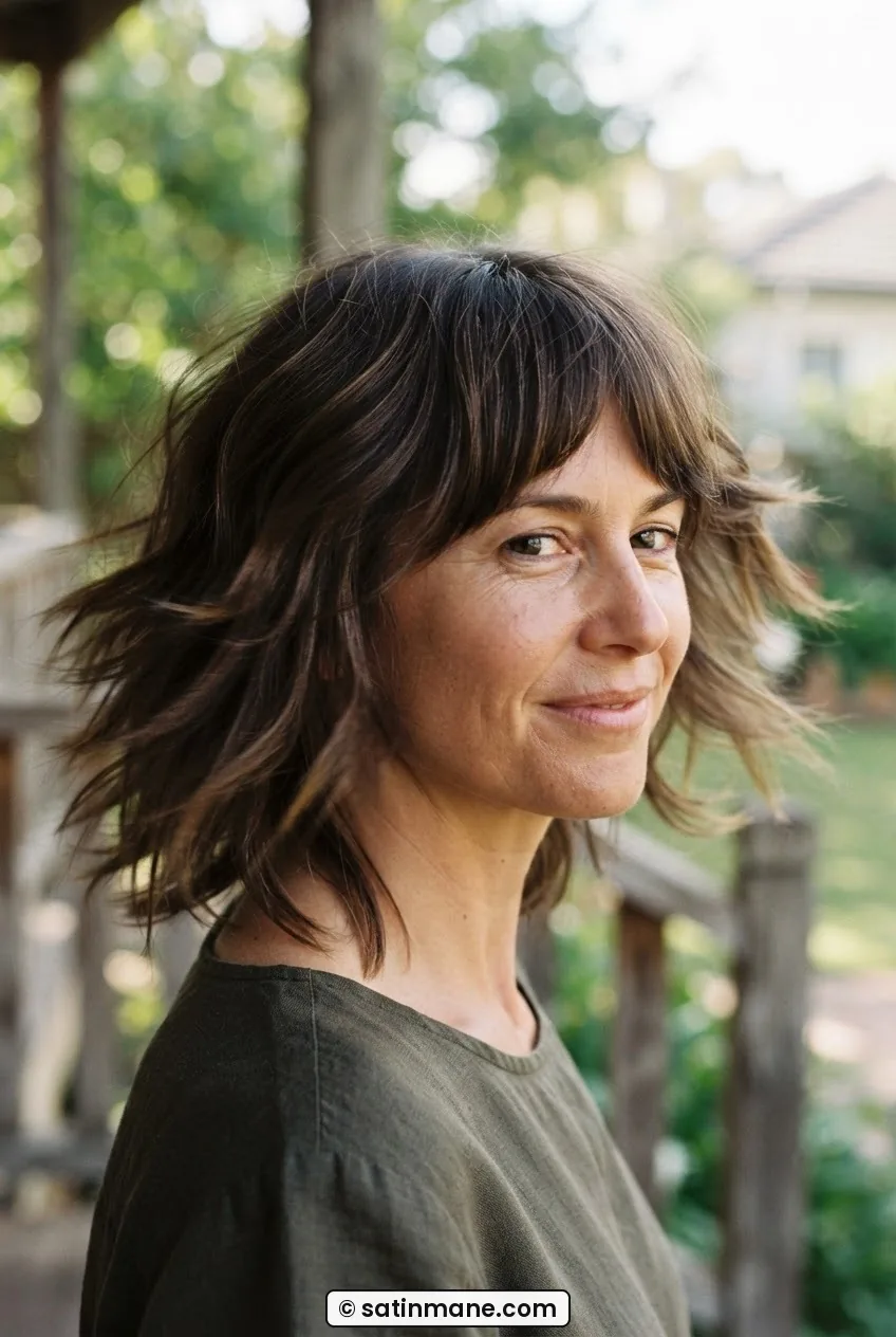Woman with collarbone-length seventies shag haircut and curtain fringe with point-cut ends in open shade