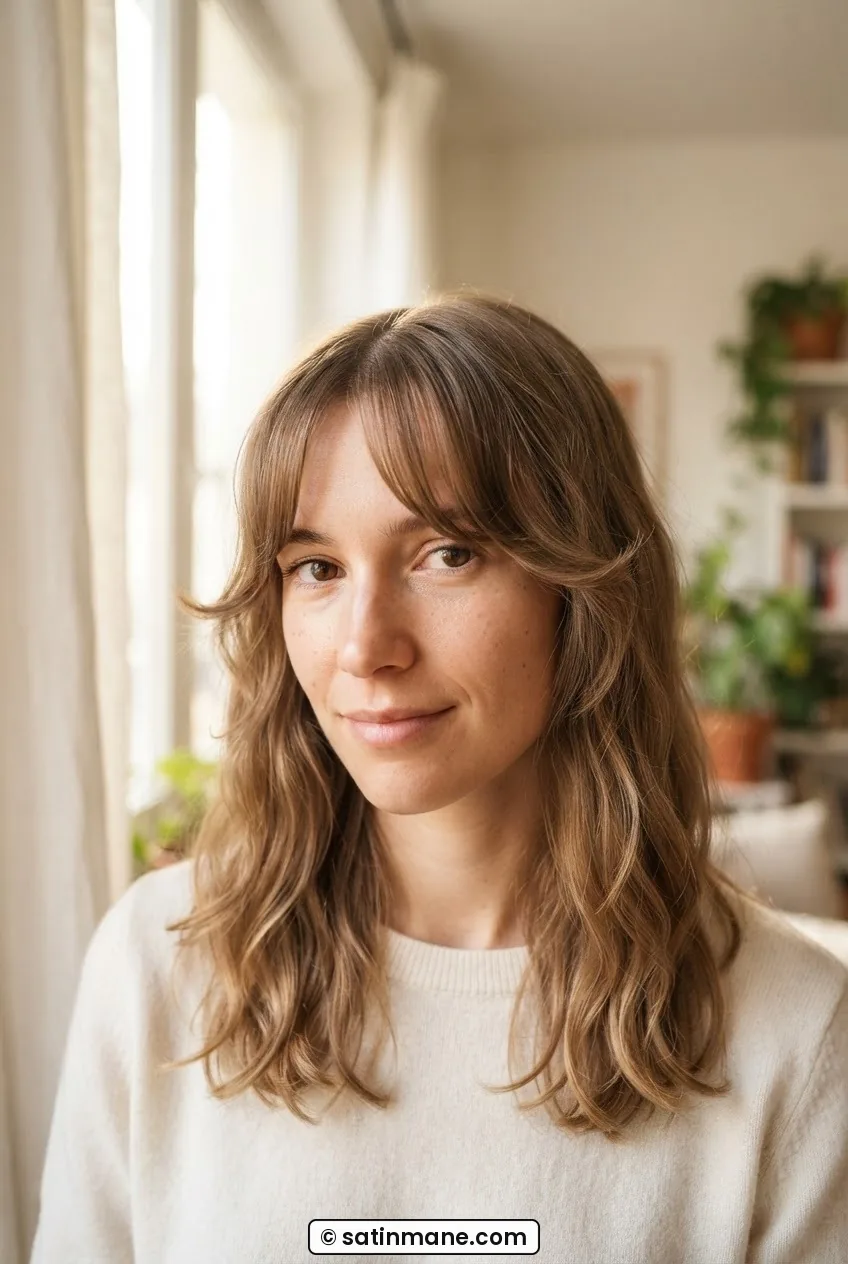 Woman with fine wavy collarbone-length hair and soft curtain fringe, fringe tips bending gently outward in warm window light