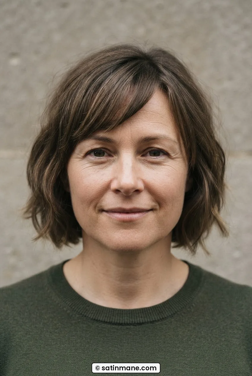 Woman with a round face wearing a short bob with a side-swept curtain fringe creating a diagonal across the forehead