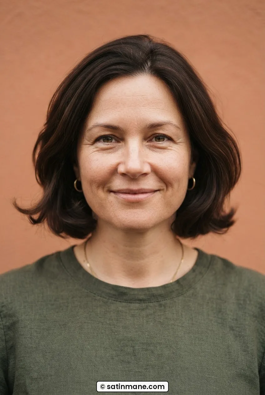 Woman with a rounder face shape in a soft chin-length bob with gently curved ends on a warm terracotta background