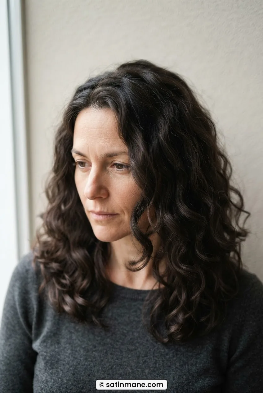 Woman with dense dark wavy hair at collarbone length showing natural wave pattern without product