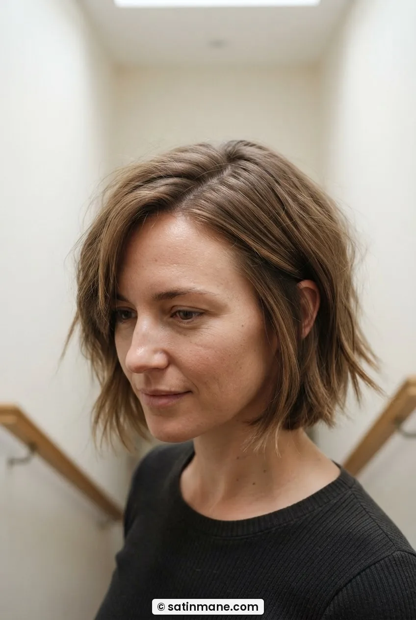 Woman with textured chin-length bob and deep side part, formerly fringed front sections fully blended into the shape