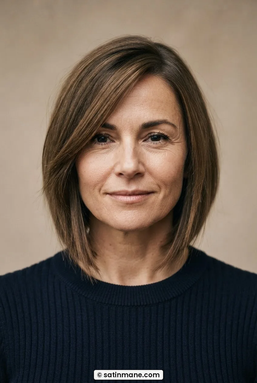 Woman with round face styled in a mid-length bob with deep side part and diagonal sweep across forehead