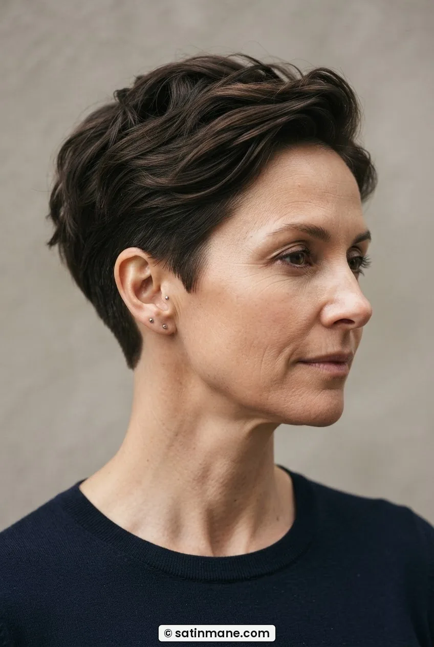 Woman with defined clean nape edge and longer crown from grown-out pixie in three-quarter editorial view