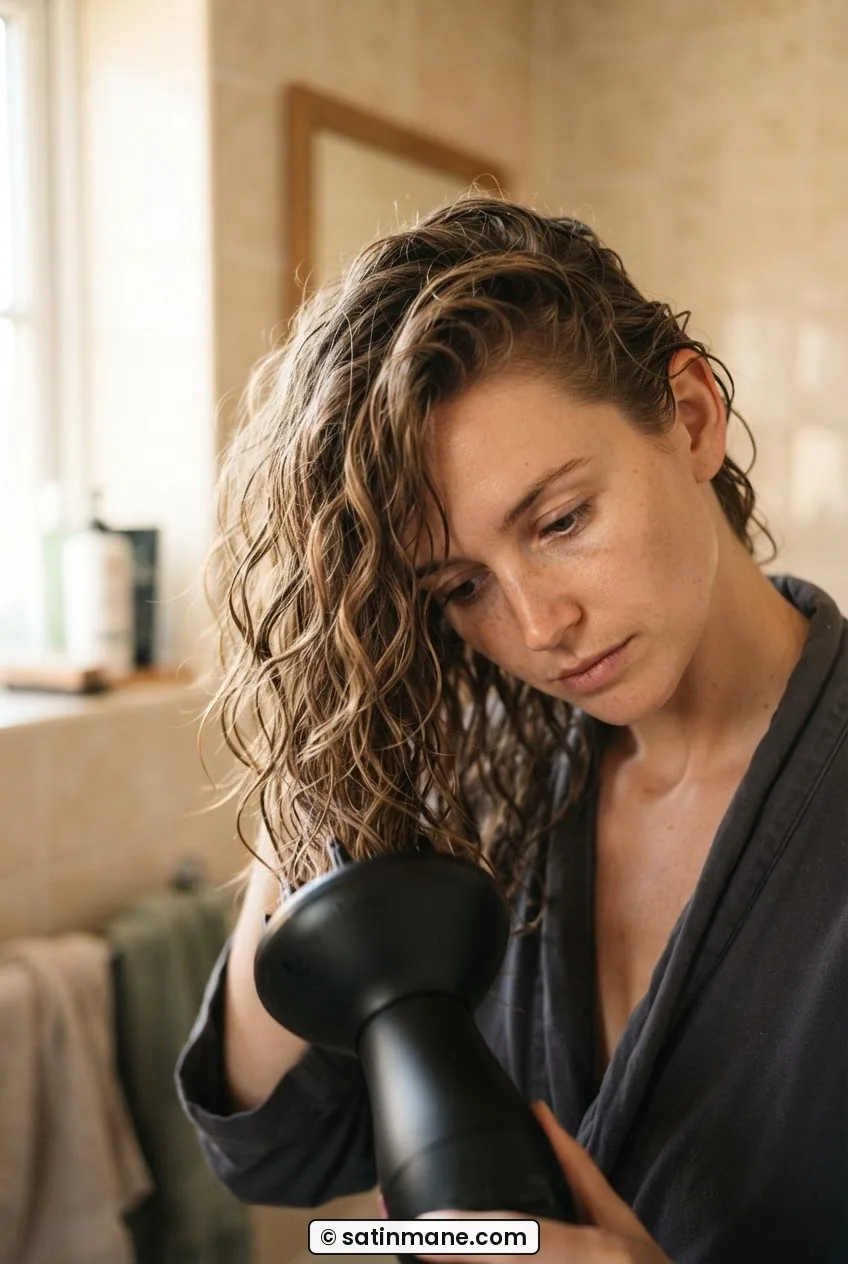 Woman diffusing mid-length wavy hair in warm bathroom light, head tilted forward