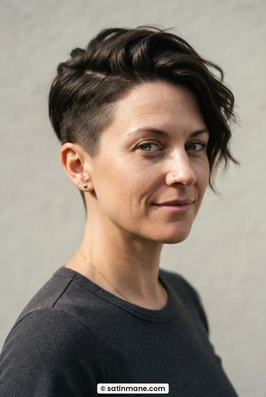 Three-quarter view of woman with disconnected undercut pixie, longer top swept dramatically over clipped sides