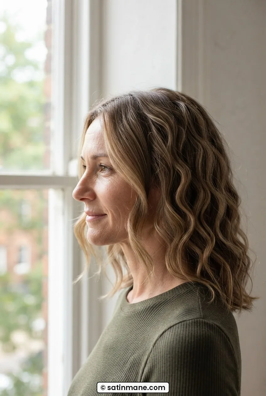 Woman with fine hair showing two distinct wave patterns — looser bend at front and tighter S-wave at back in even window light