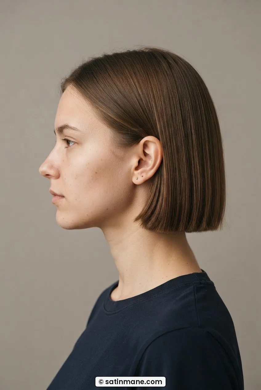 Woman with an ear-length blunt bob in side profile showing the clean weight line at the bottom of the earlobe