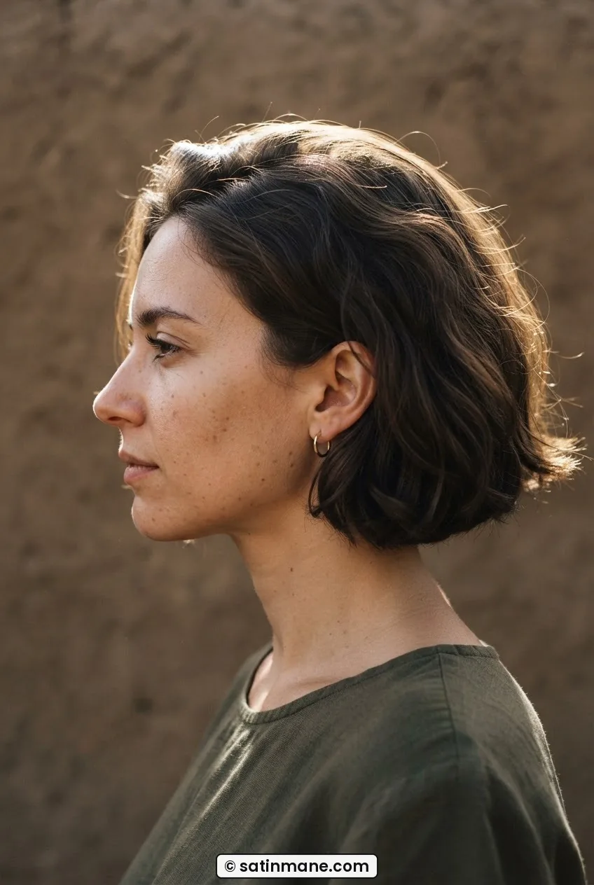 Woman with textured ear-length bob in side profile with backlighting tracing the hair outline clearly