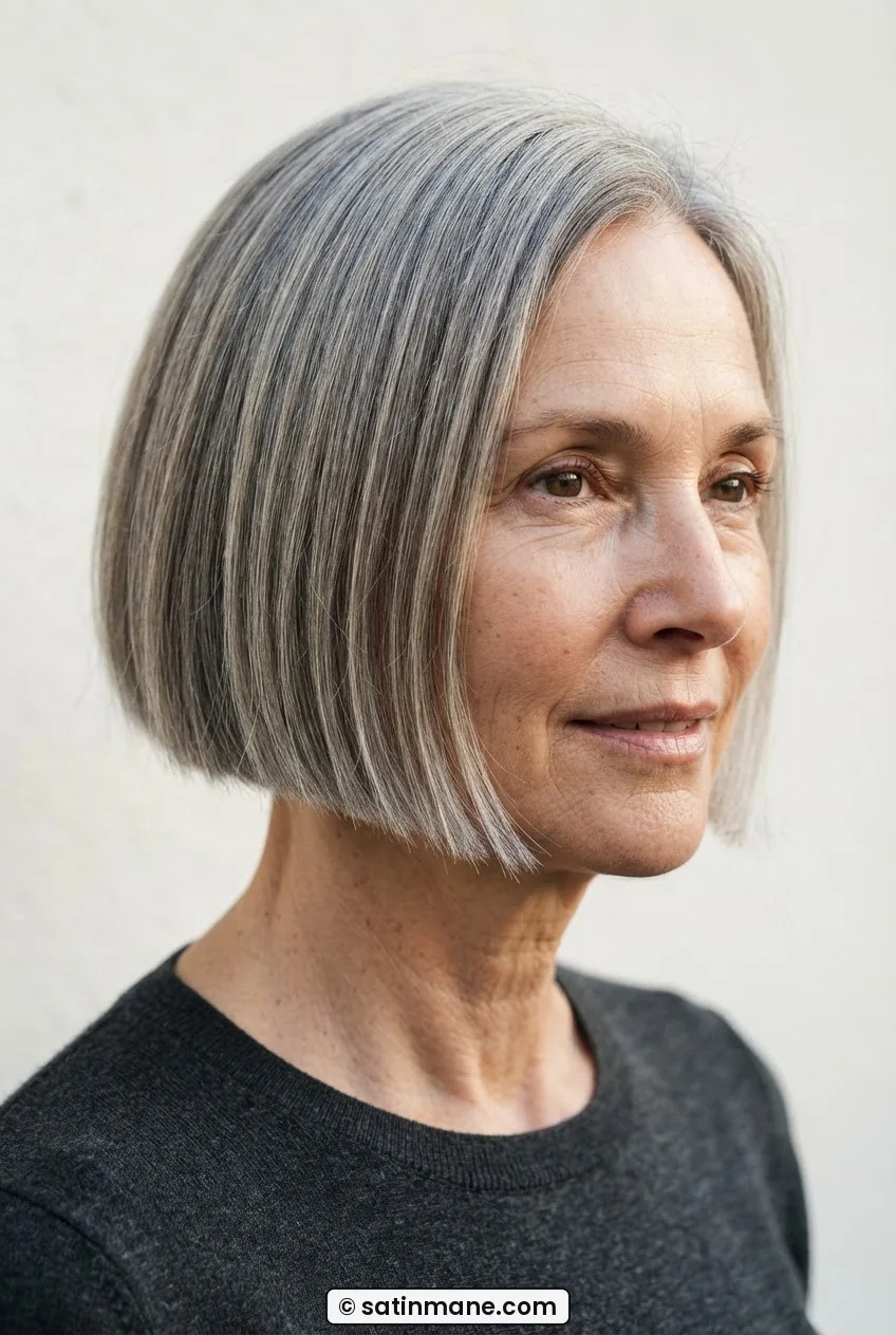 Woman with fine straight hair in an ear-length blunt bob photographed at three-quarter angle