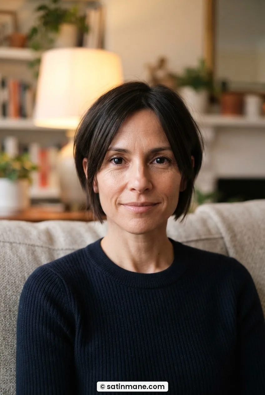 Woman with ear-length micro bob showing internal layers and subtle movement at the ends, soft frontal lighting