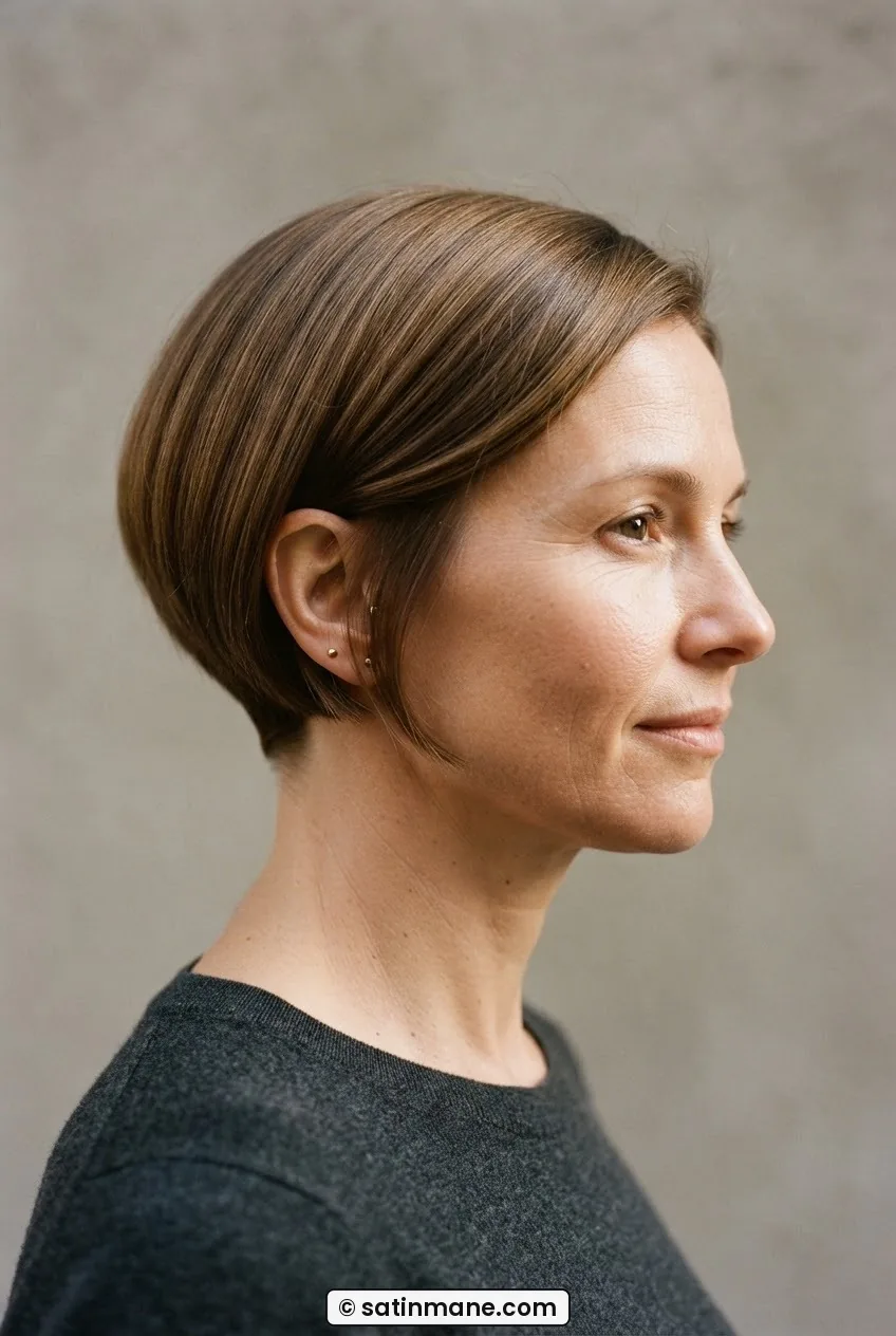 Woman with ear-length rounded bob grown from pixie showing smooth curved weight line at jaw