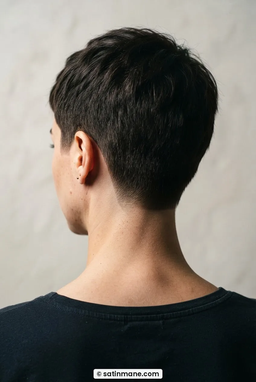 Back view of woman with edgy pixie showing tight nape taper and clean defined lines around the ear