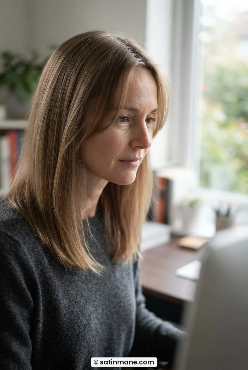 Three-quarter profile of woman with fine mid-length hair and soft face-framing pieces beside oval face in side daylight